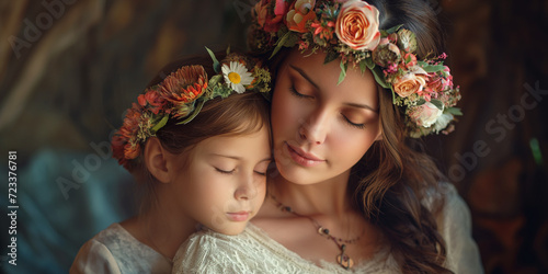 Bohemian mother and daughter with floral crowns  a serene Mother s Day portrait