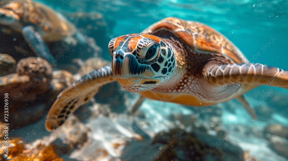 Obraz premium Underwater Turtles, Serene image of sea turtles swimming underwater, highlighting the beauty of marine ecosystems.