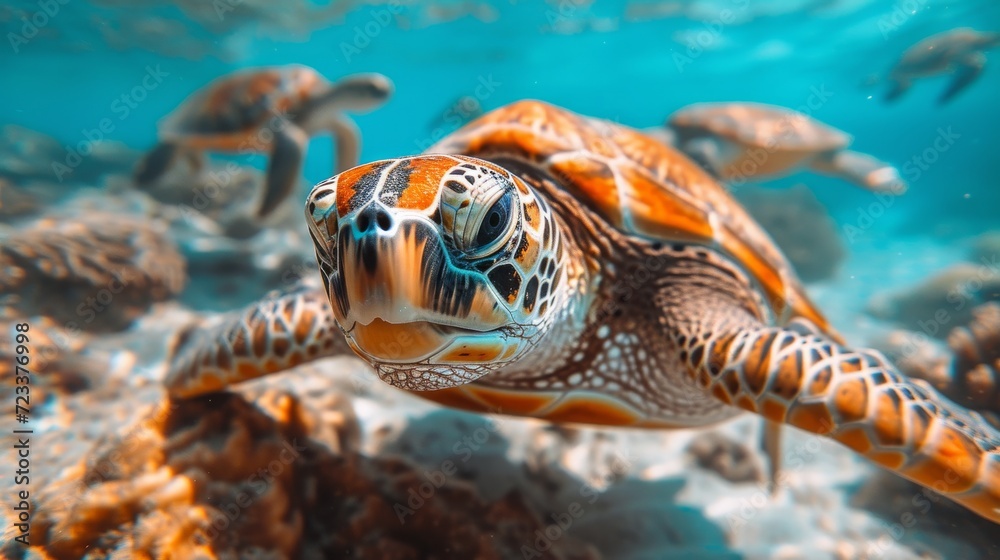 Obraz premium Underwater Turtles, Serene image of sea turtles swimming underwater, highlighting the beauty of marine ecosystems.