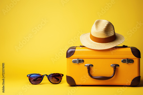 Travel mock up background. Yellow old fashioned suitcase with summer straw hat on the bright yellow background