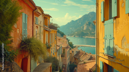 Quaint European street with colorful houses and a scenic mountain backdrop, evoking a warm, serene atmosphere.