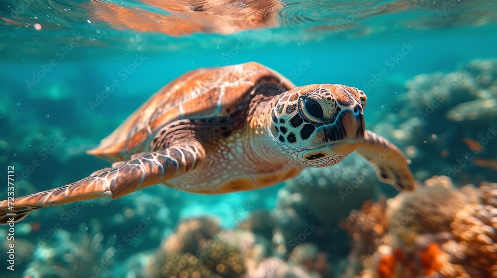 Fototapeta premium Underwater Turtles, Serene image of sea turtles swimming underwater, highlighting the beauty of marine ecosystems.