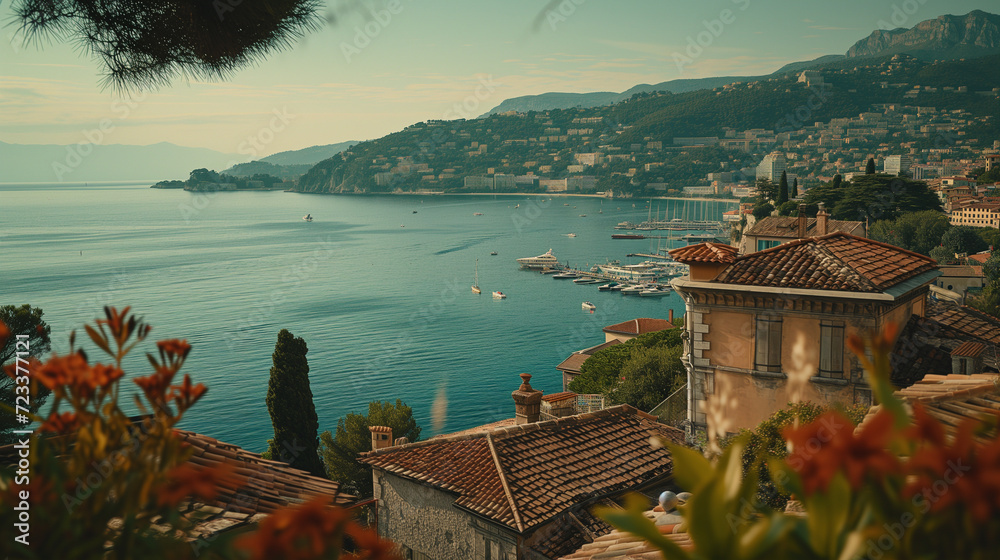 Scenic coastal view overlooking terracotta rooftops, lush greenery, and a calm blue sea with boats, under a hazy sky.