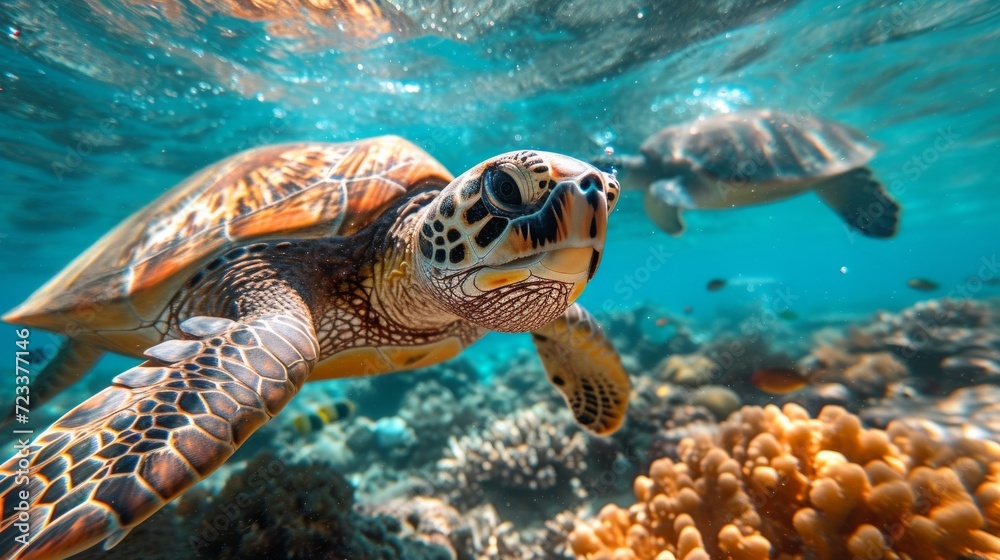 Fototapeta premium Underwater Turtles, Serene image of sea turtles swimming underwater, highlighting the beauty of marine ecosystems.