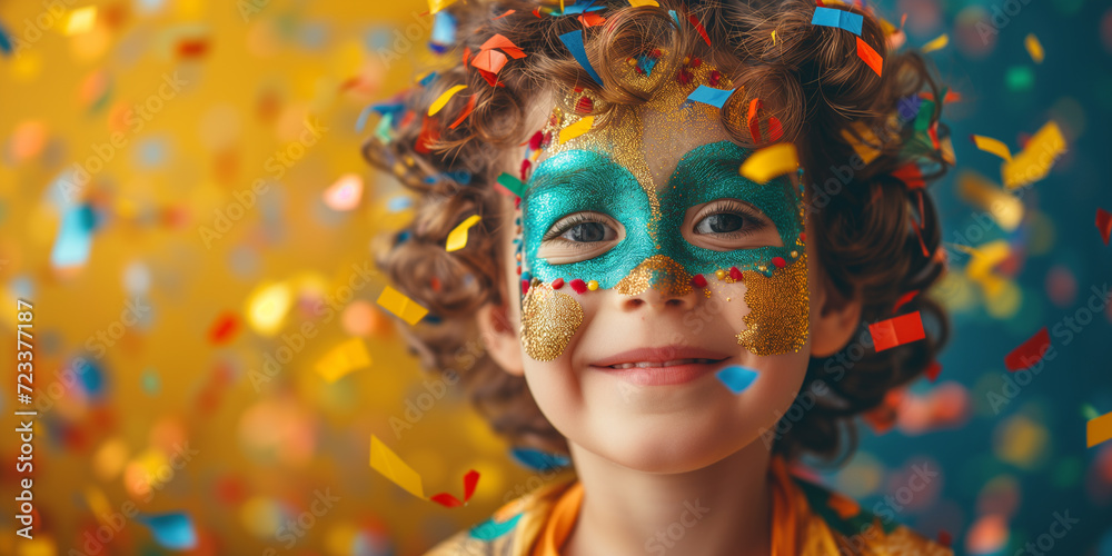 Children's birthday and carnival. Joyful child in festive makeup celebrating with confetti, carnival birthday theme