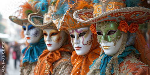 Carnival in Italy in Venice, Elaborate Venetian carnival masks adorned with feathers and jewels