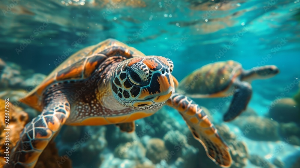 Obraz premium Underwater Turtles, Serene image of sea turtles swimming underwater, highlighting the beauty of marine ecosystems.