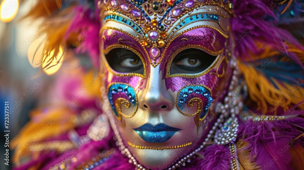Close-up of an elaborate Mardi Gras mask adorned with feathers, sequins, and beads, showcasing the intricate artistry and tradition of the festival Close-up of an elaborate Mardi Gras mask adorned with feathers, sequins, and beads, showcasing the intricate artistry and tradition of the festival