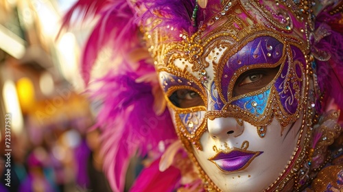 Close-up of an elaborate Mardi Gras mask adorned with feathers, sequins, and beads, showcasing the intricate artistry and tradition of the festival © Татьяна Креминская