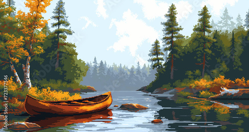 Canoe camping in early autumn, pixel art scene