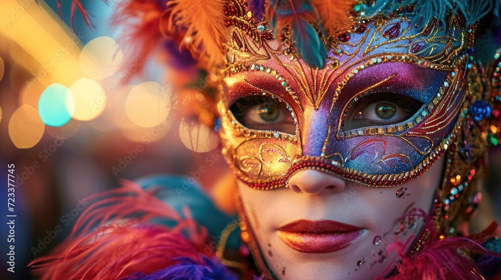 Close-up of an elaborate Mardi Gras mask adorned with feathers, sequins, and beads, showcasing the intricate artistry and tradition of the festival Close-up of an elaborate Mardi Gras mask adorned with feathers, sequins, and beads, showcasing the intricate artistry and tradition of the festival