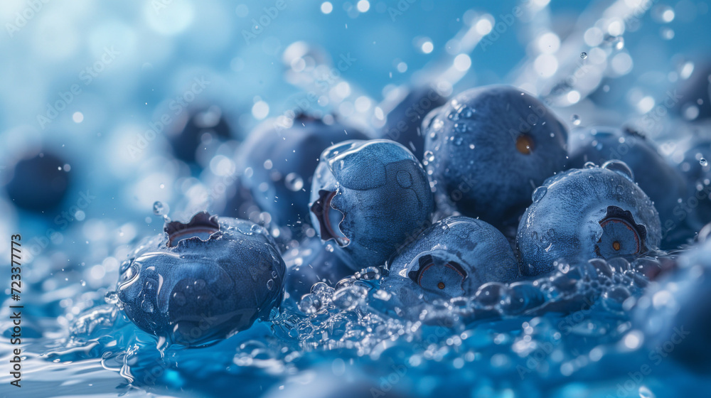 Fresh blueberries with water splash on a blue background. Fresh blueberries with water splash on a blue background.