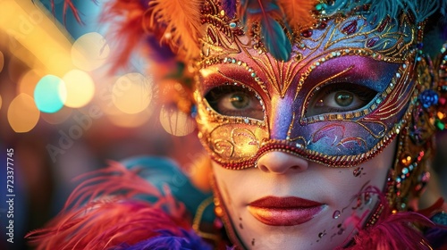 Close-up of an elaborate Mardi Gras mask adorned with feathers, sequins, and beads, showcasing the intricate artistry and tradition of the festival