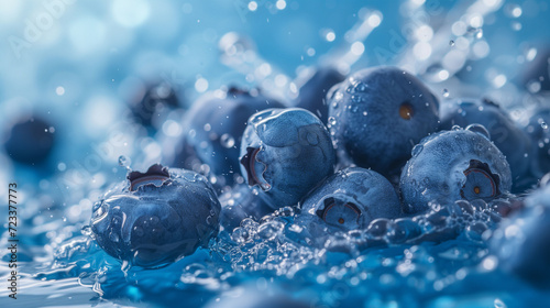 Fresh blueberries with water splash on a blue background.