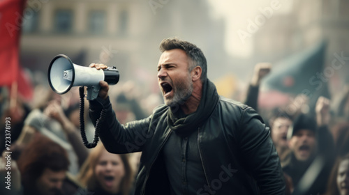 man screaming in megaphone at protest for human rights outdoors photo