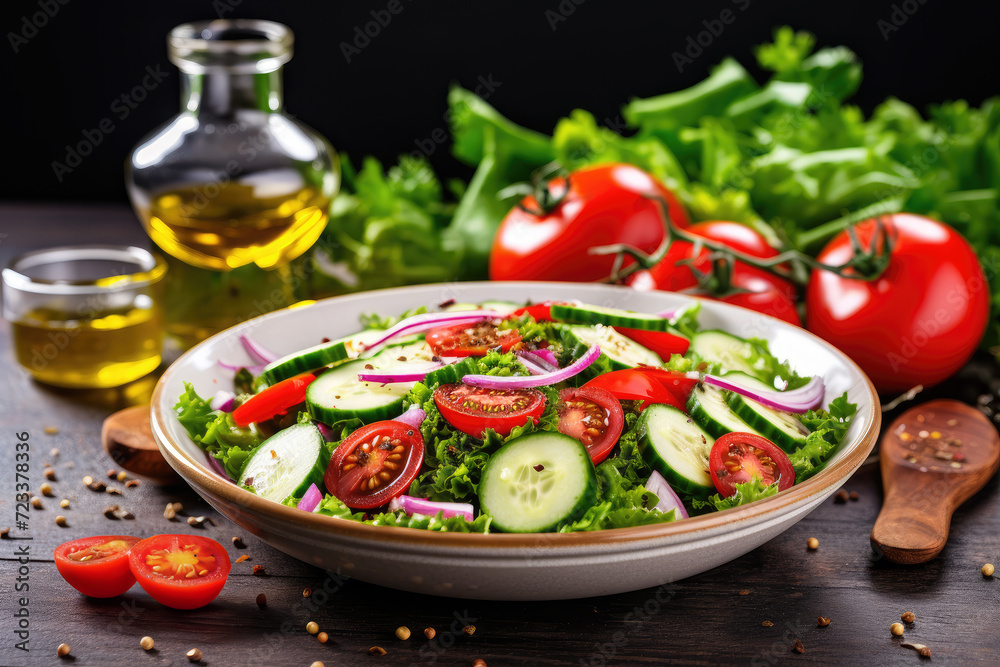 Salad made of tomatoes, cucumbers, salad, spices, olive oil on black background