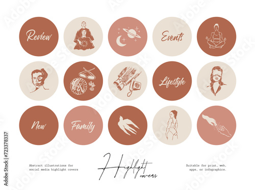 Set of minimalist icons for highlight cover stories, logo design, brand identity, social media, wallpaper, packaging.