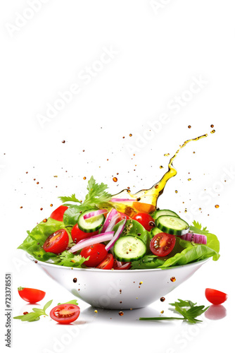 Flying salad in motion, made of tomatoes, cucumbers, salad, spices, olive oil on the white background with copy space for text