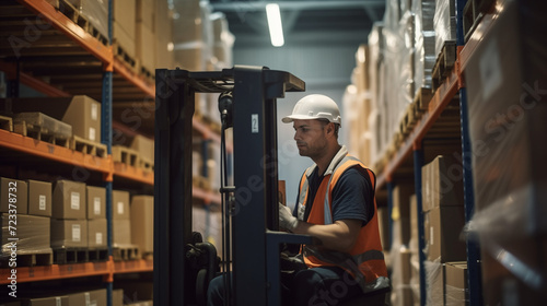 A worker on a forklift in a warehouse full of boxes photo