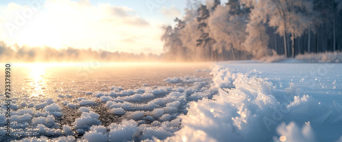 frozen lake in winter, Frosty Lakeside Morning, Delicate frost crystals blanket the edge of a tranquil lake, with a forest shrouded in mist and the soft glow of sunrise in the background