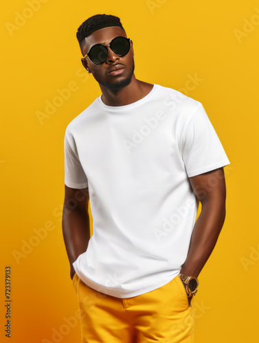 Attractive African American man wearing blank white t-shirt on yellow background.