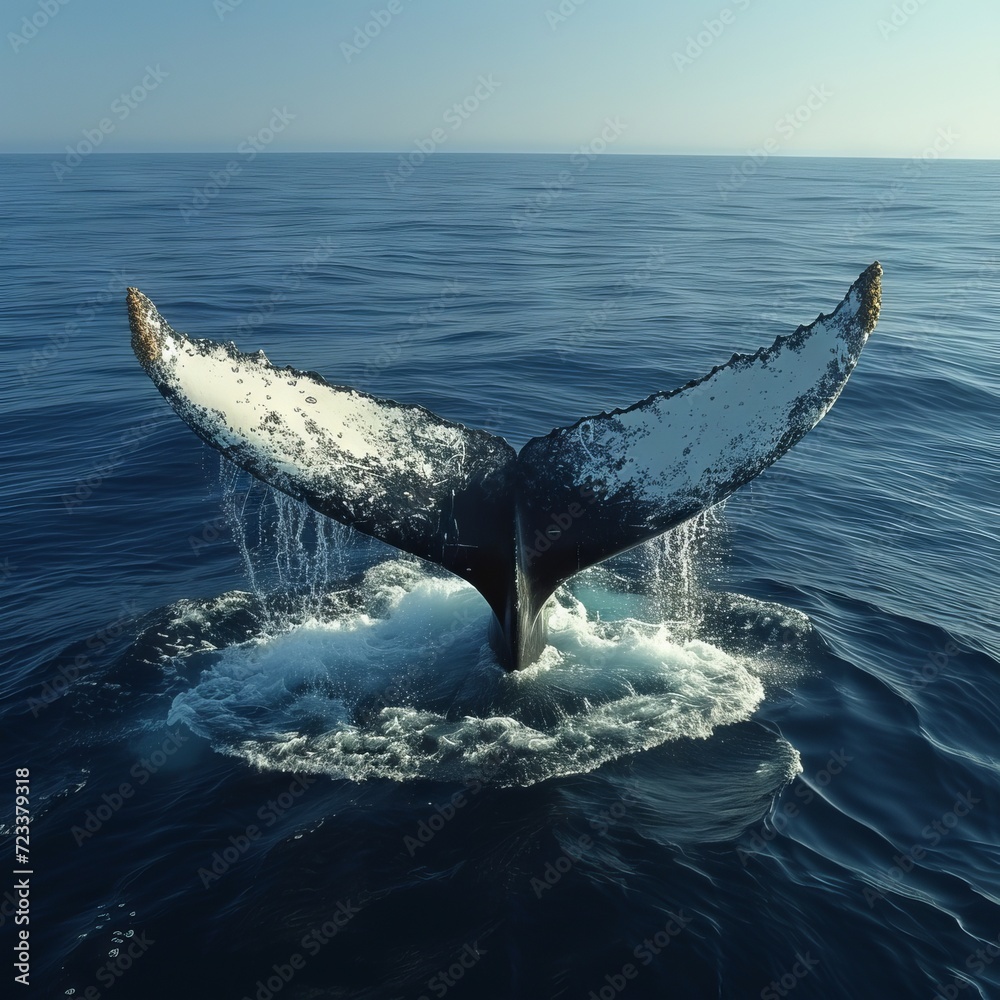 Fototapeta premium Whale Tail in Ocean, Majestic image of a whale's tail emerging from the ocean, representing the wonders of marine life.
