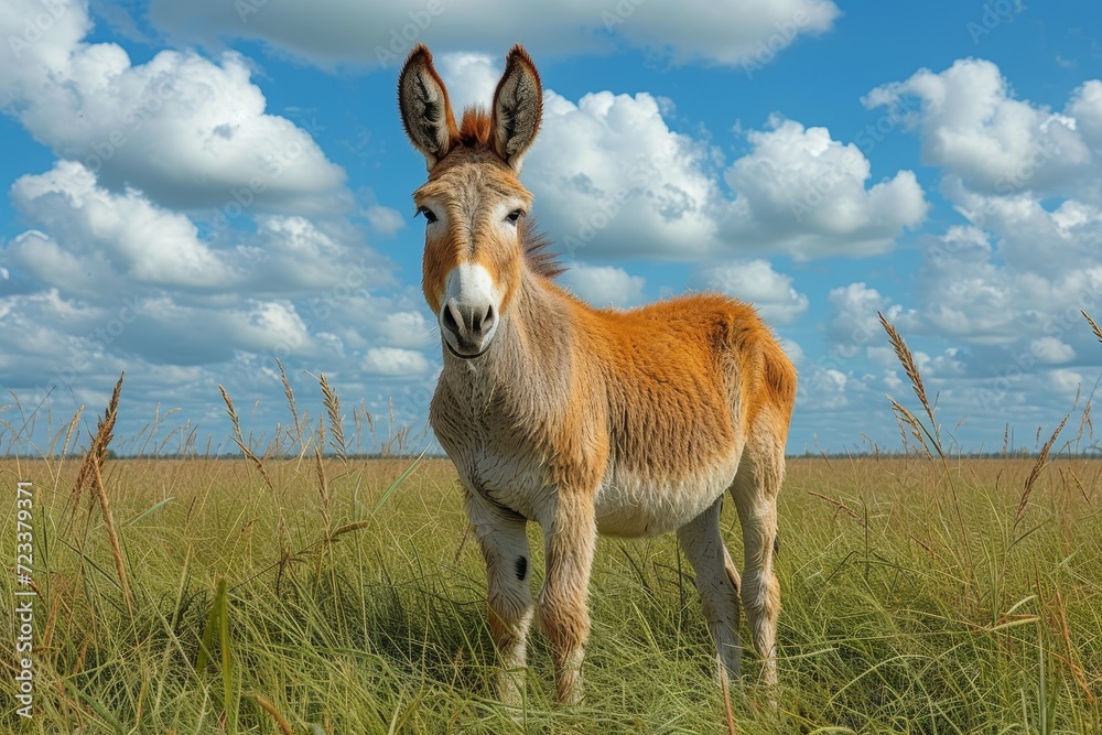 A solitary donkey stands peacefully in a lush green field, its majestic presence blending seamlessly with the vibrant sky and soft clouds above, embodying the true essence of a gentle and resilient t A solitary donkey stands peacefully in a lush green field, its majestic presence blending seamlessly with the vibrant sky and soft clouds above, embodying the true essence of a gentle and resilient t