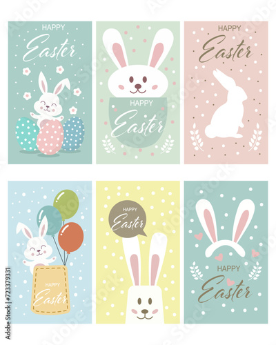 Cute Easter Bunny. Postcard set, holiday poster, cartoon childish style, vector