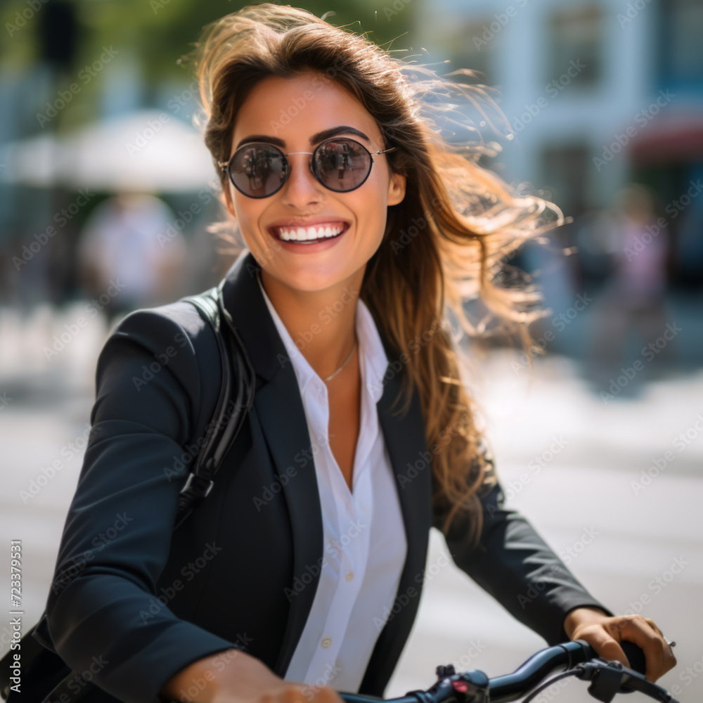 A young woman stands with a bicycle on a street in the city A young woman stands with a bicycle on a street in the city