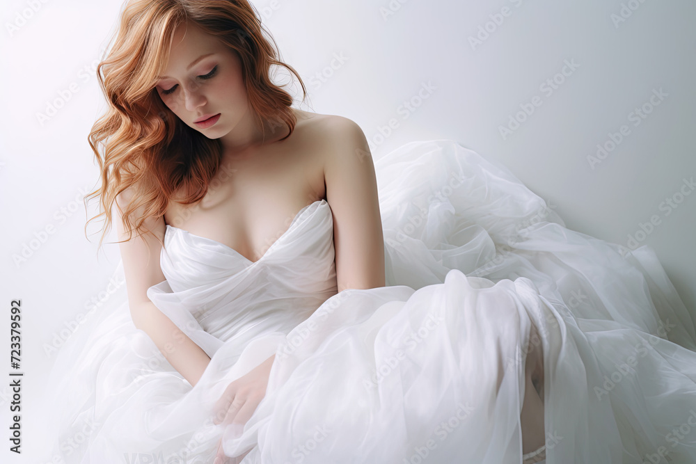 Woman in a White Dress Sitting on a Bed Woman in a White Dress Sitting on a Bed