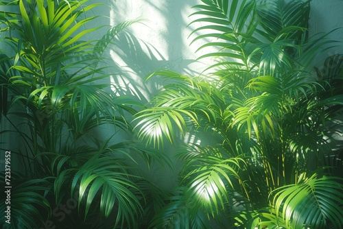 A lush and vibrant canopy of various green leaves  ranging from towering palms to delicate ferns  create a picturesque scene in the tranquil outdoor forest