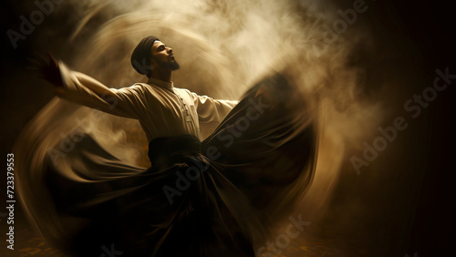 Sufi whirling dance, copy space, 16:9 photo