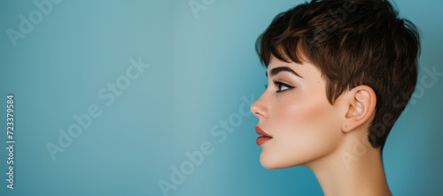 Young female model showing stylish short hairdo side view. Portrait of a beautiful girl with a short haircut. Grey background. Profile side view portrait of attractive dreamy girl.