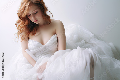 Woman in a White Dress Sitting on a Bed