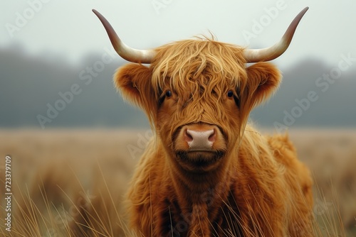 A majestic bovine stands in a vast green pasture, its strong horns reaching towards the endless blue sky, representing the beauty and resilience of terrestrial animals in the great outdoors