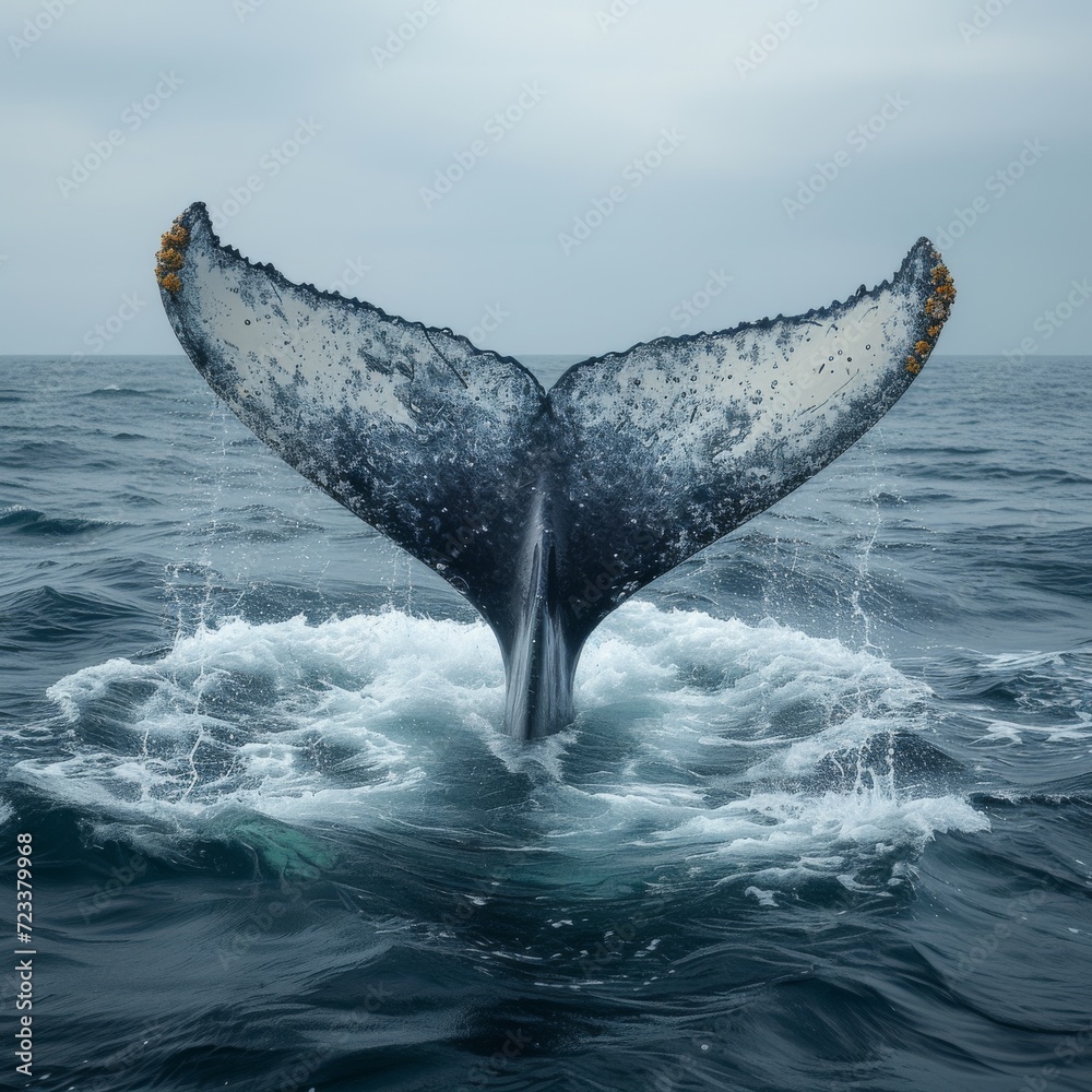 Fototapeta premium Whale Tail in Ocean, Majestic image of a whale's tail emerging from the ocean, representing the wonders of marine life.