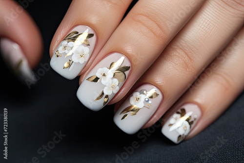 Close-Up of Womans Hand With White and Gold Manicure