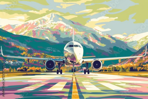 An awe-inspiring piece of artwork captures the excitement and beauty of air travel, with a sleek airliner poised on a runway against a breathtaking mountain backdrop