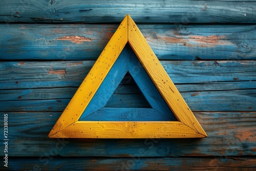 Abstract angles captured in a triangle frame, resting on a serene sea of blue wood photo