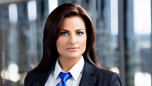 Elegant executive woman in jacket and blue tie at work.