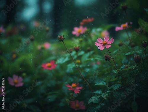 Rainfall Over Vibrant Wildflowers in a Lush Forest