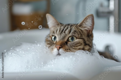 Curious felidae enjoys a luxurious soak in the indoor bathtub, surrounded by bubbles and showcasing its majestic whiskers