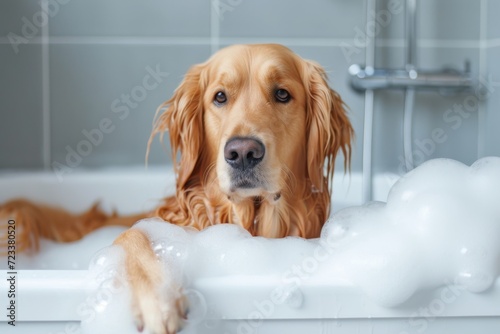A majestic golden retriever enjoys a luxurious spa day in the comfort of its indoor oasis  surrounded by foamy bubbles in a cozy bathroom