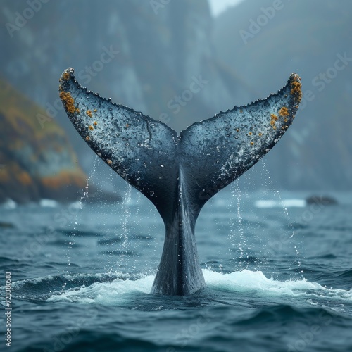 Whale Tail in Ocean, Majestic image of a whale's tail emerging from the ocean, representing the wonders of marine life.