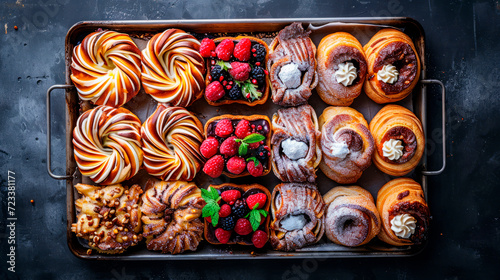 Danish pastries are delicious and fresh on an aluminum baking sheet photo