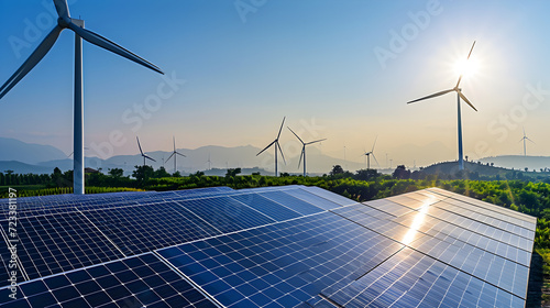 Green Energy Landscape: Solar Panels and Wind Turbines in Harmonious Coexistence