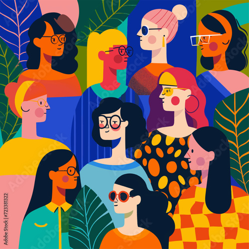 Flat colorful illustration of a diverse group of women at work, creative and vibrant group	
