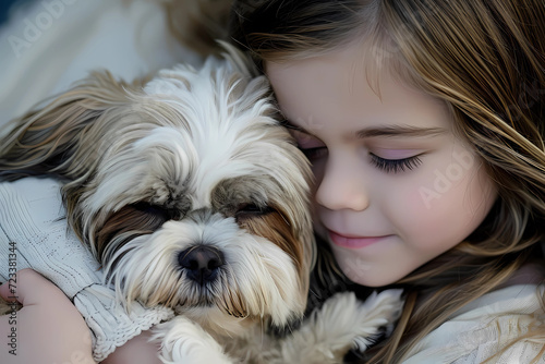 A young girl finds solace and joy as she tenderly cuddles with her Shih Tzu dog, creating a beautiful companionship and an unbreakable bond of affection and love 