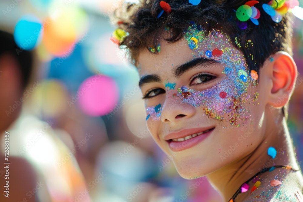 A joyful woman sporting a vibrant carnival headpiece with confetti on her beaming face, exuding confidence and fun fashion at an outdoor celebration A joyful woman sporting a vibrant carnival headpiece with confetti on her beaming face, exuding confidence and fun fashion at an outdoor celebration