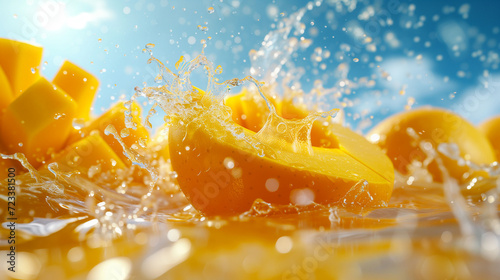Fresh mango slices with water splash on a blue background.